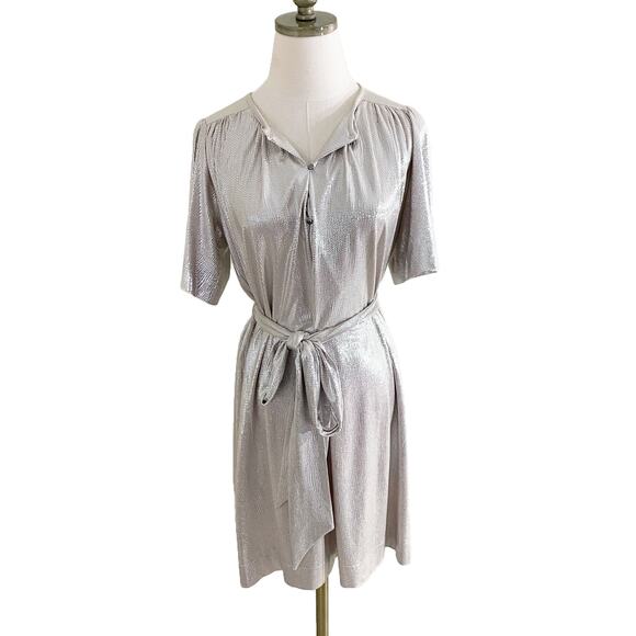 Anthro Sabina Musayev Metallic Gold Short Sleeve Dress Size XS Tie Belt Waist - Picture 9 of 10